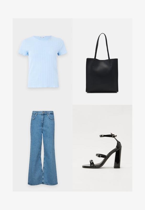 Light blue short-sleeve t-shirt with a round neckline, featuring vertical ribbed texture and scalloped edges on sleeves and hem.; Light blue flared jeans made of denim, featuring a high waist, five pockets, and a single button closure. Soft texture with faded finish.; Black patent heeled sandals with a square toe, ankle straps, and silver buckles. Features a chunky block heel for stability.; Black leather tote bag with smooth texture, rectangular shape, and two long handles. No visible hardware or embellishments.