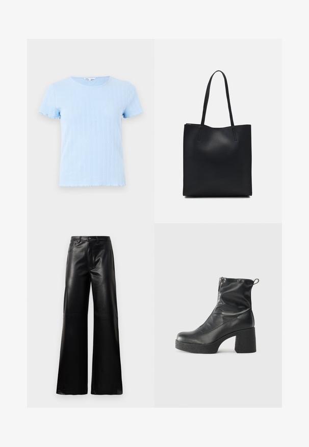 T-shirt de manga curta azul claro com decote redondo, apresentando textura em riscas verticais e bordas em forma de concha nas mangas e na bainha.; Calças largas de imitação de couro pretas, de cintura alta, com botão frontal, fecho de correr, passadores de cinto e bolsos laterais sobre fundo branco.; Botas de tornozelo pretas feitas de couro liso, com fecho lateral, salto grosso texturizado e design de bico arredondado.; Bolsa tote preta em couro com textura lisa, forma retangular e duas alças longas. Sem hardware ou enfeites visíveis.