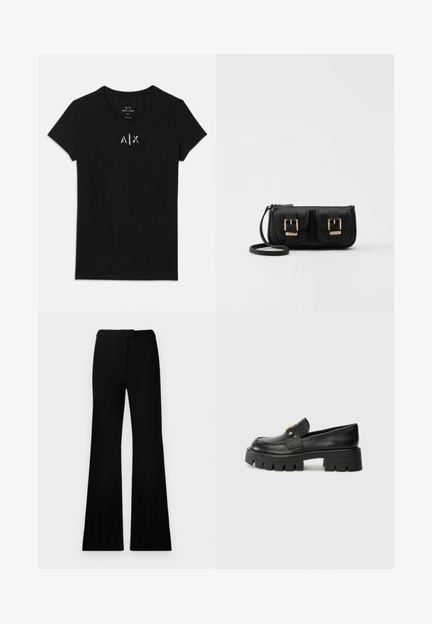 Svart kortermet T-skjorte fra Armani Exchange med rund halslinning og liten hvit "A|X" logo midt på brystet.; Sorte vide bukser med jevn tekstur, skreddersydd linning og frontlommer, designet med en slank, moderne silhuett.; Sorte skinnloafers med en kraftig såle, med en gulltoneakcent foran og en jevn finish. Kraftig mønsterdesign på sålen.; Svart skinn crossbody veske med to frontlommer, gyldne spenner, glidelåslukking og en slank stropp. Teksturert overflate og kompakt rektangulær form.