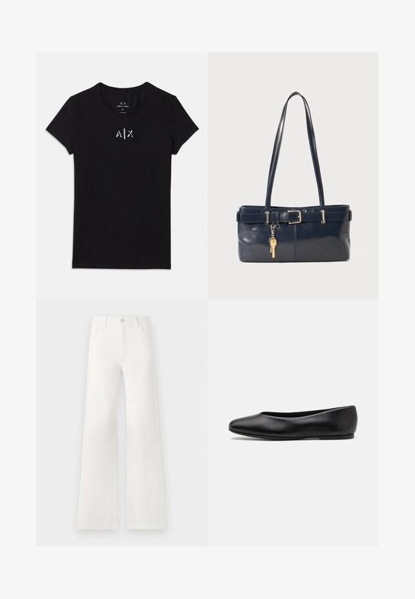 Black short-sleeve Armani Exchange T-shirt with round neckline and small white "A|X" logo centered on the chest.; White, high-waisted wide-leg jeans made of denim. Features a button closure, two front pockets, and side seams with stitching details.; Paul Smith TOPANGA - Ballet pumps - black; Navy leather handbag with two long handles, a buckle detail, and a keychain attached. Features a smooth texture and a rectangular shape.