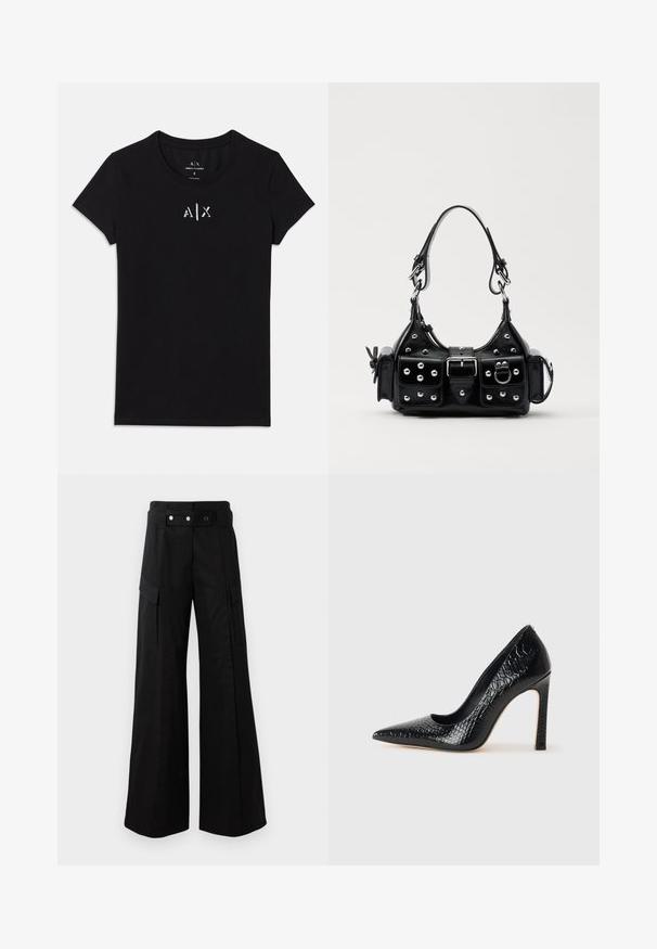 Camiseta corta de manga negra de Armani Exchange con cuello redondo y pequeño logo blanco "A|X" centrado en el pecho.; Pantalones anchos negros de cintura alta, con grandes bolsillos laterales, dos botones frontales y un detalle de lazo. Hechos de un tejido resistente.; Zapato de tacón alto negro con punta afilada y textura de piel de cocodrilo, que presenta un diseño elegante, un alto tacón de aguja y un interior negro suave.; Bolso de mano de cuero negro con un diseño curvado, que cuenta con tachuelas plateadas, una hebilla y dos bolsillos laterales. Correa ajustable para opciones de transporte.