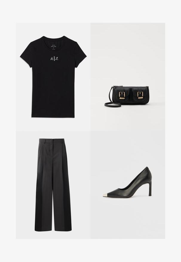 Čierne tričko s krátkym rukávom od Armani Exchange s okrúhlym výstrihom a malým bielym logom "A|X" umiestneným na hrudi.; Čierne široké nohavice s vysokým pásom, so záhybmi vpredu, hladkou textúrou a prispôsobeným strihom. Navrhnuté pre uvoľnený strih.; Čierna kožená lodička s vysokým opätkom, špičkou a kovovou striebornou špičkou. Má hladký povrch a štíhly 10 cm opätok.; Čierna kožená crossbody taška s dvoma prednými vreckami, zlatými sponami, zipsovým uzatváraním a úzkym popruhom. Štruktúrovaný povrch a kompaktný obdĺžnikový tvar.