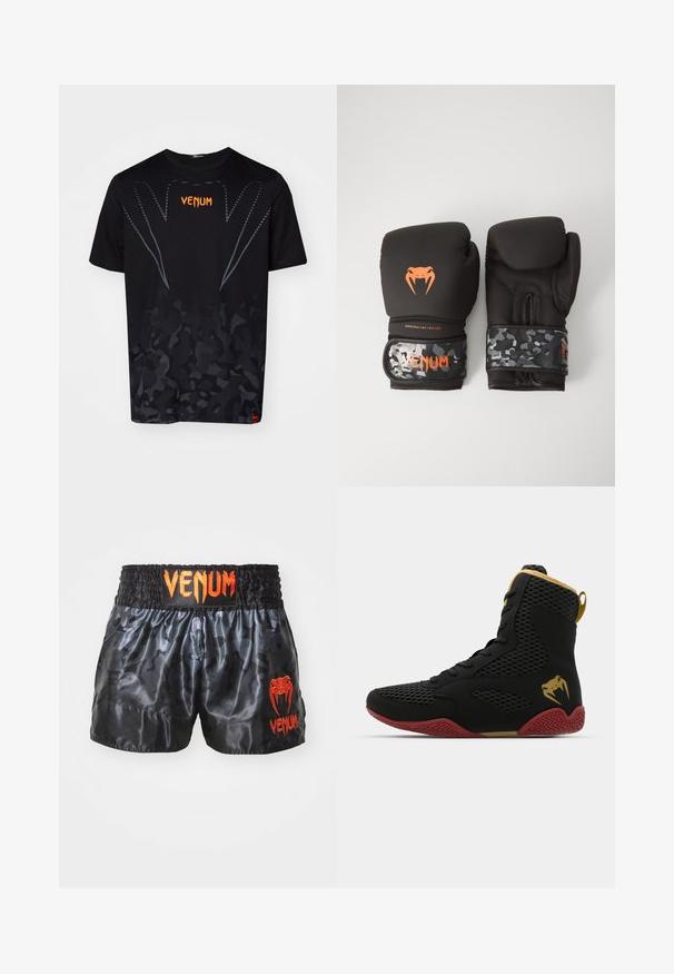 Svart kortermet t-skjorte med camouflagemønster, som har en oransje "VENUM"-logo og kontrasterende grå linjedetaljer. Mykt, lett materiale.; Svart sateng bokseshorts med kamuflasjemønster, med elastisk midje og lys orange "VENUM"-logo på fronten.; Høy topp idrettssko med svart mesh og syntetisk materiale, teksturerte detaljer, rød gummisåle og gullfarge på ankelen.; Svarte boksinghansker med matt finish og ergonomisk design. Oransje logo-detaljer og håndleddsstropper med kamuflasjemønster.