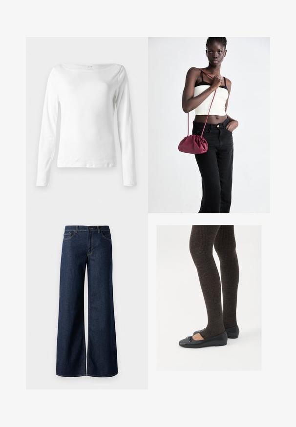 Pitkähihaista valkoista t-paitaa, joka on valmistettu pehmeästä puuvillasta. Paidassa on venepääntie ja kapea malli, sekä minimaalinen ommeltu detalji helman kohdalla.; Suorat lahkeet farkut tummansinisestä denimmistä. Ominaisuuksiin kuuluvat kontrastiväriset ompeleet, viisi taskua ja nappisuljenta vyötäröllä. Sileä pinta.; Mustat matalat kengät, joissa on pieni nauha varpaissa, yhdistettynä tummanruskeisiin ribattuisiin sukkahousuihin. Kengissä on sileä pinta ja matala profiili.; Burgundi pehmeast kangast käekott, millel on kortsuline disain ja pikk rihm, kantud üle rinna. Modell kannab valget lühikest toppi ja musti teksaseid.