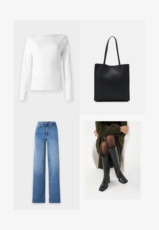 Långärmad vit t-shirt i mjuk bomull, med båtformad halsringning och figursydd design, samt minimal sömnadsdetalj i fållen.; Ljusblå vida jeans tillverkade av denim, med hög midja, framfickor och standard knäppning. Slät textur.; Knähöga svarta läderstövlar med fyrkantig tå och klack i blockmodell, visade med en modell sittande i en olivgrön kappa. Slät textur, minimal detaljering.; Svart lädertoffelväska med slät textur, rektangulär form och två långa handtag. Ingen synlig hårdvara eller dekorationer.