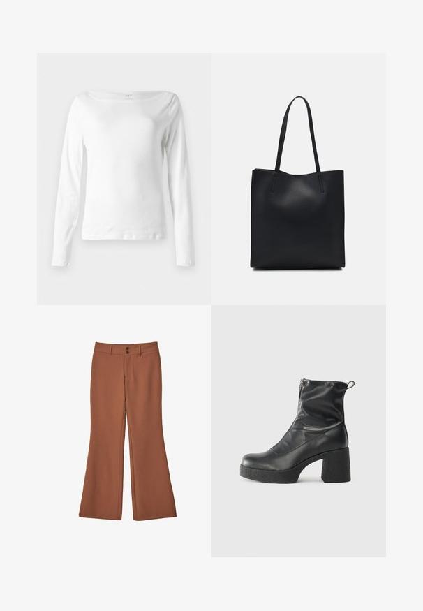 Dolge rokave bela majica iz mehkega bombaža, z ladijskim izrezom in oprijeto zasnovo, z minimalnimi šivi na robu.; Rjave, široke hlače iz mehkega blaga. Imajo dva sprednja gumbka in gladko teksturo brez vidnih vzorcev ali dodatkov.; Črne gležnjarje iz gladke kože z božnim zadrgo, masivnim teksturiranim peto in zaobljeno obliko prstov.; Črna usnjena torba s svilnato teksturo, pravokotne oblike in dvema dolgima ročajema. Brez vidnih metalnih delov ali okrasnih elementov.