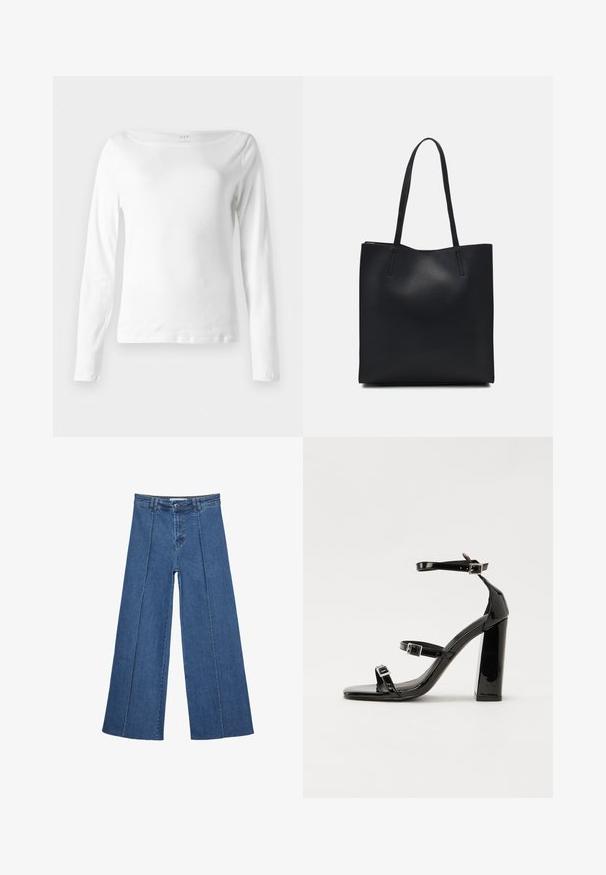 Bijela majica dugih rukava izrađena od mekanog pamuka, s brodskim izrezom i prilagođenim krojem, s minimalnim detaljem šavova na donjem rubu.; Široke traperice u srednje plavoj boji, s visokim strukom, zatvaranjem na dugme i kontrastnim vertikalnim šavovima duž prednje strane.; Crne lakirane sandale na pete sa kvadratnim nosom, trakama oko gležnja i srebrnim kopčama. Imaju čvrst blok petu za stabilnost.; Crna kožna torba za nošenje s glatkom teksturom, pravokutnim oblikom i dvije duge ručke. Nema vidljivih metalnih dijelova ili ukrasa.