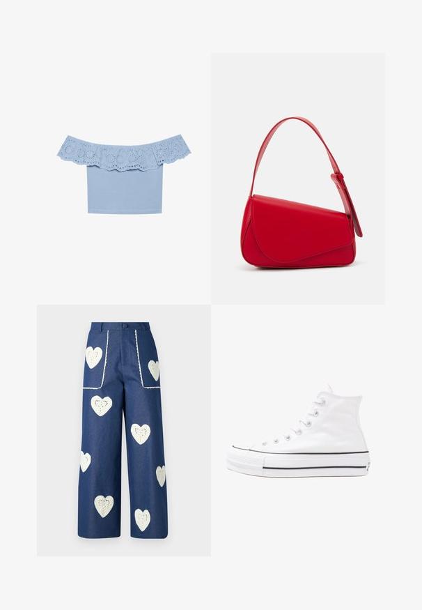 Jasnoniebieska bluzka na ramiączkach z falbaniastym wykończeniem dekoltu z wycięciami. Gładki materiał o dopasowanym fasonie.; Sister Jane HEART TO HEART niebieski denim; Białe wysokie trampki z płótna z czarną gumową podeszwą, przednim czubkiem z gumy i sześcioma dziurkami na sznurowadła, charakteryzujące się prostym, minimalistycznym designem.; Czerwona skórzana torebka o kanciastym, geometrycznym designie. Posiada jedną regulowaną rączkę oraz zapięcie na klapę z przeszyciami.