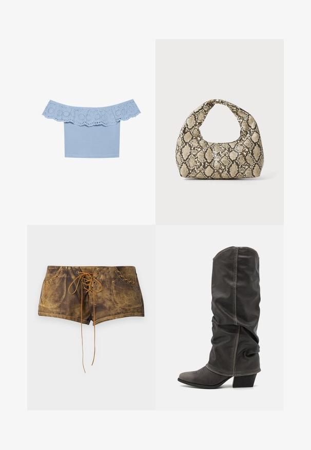 Svijetloplava bluzica bez ramena s volanima na izrezu i izrezima u obliku oka. Gladak materijal s tijesnom krojem.; Smeđe kratke hlače s vezanjem i teksturiranom površinom uz kontrastne svijetlosmeđe vezice. Imaju rupice za vezivanje i prilagođeni dizajn za uski izgled.; Sive kožne čizme do potkoljenice sa opuštenim dizajnom, šiljastim vrhom i složenim potplatom. Primjetna šavova na području vrha.; Torba s uzorkom zmije s zakrivljenom drškom. Izrađena od teksturiranih materijala u bež i smešnim tonovima, sa karakterističnim dijamantnim uzorkom.