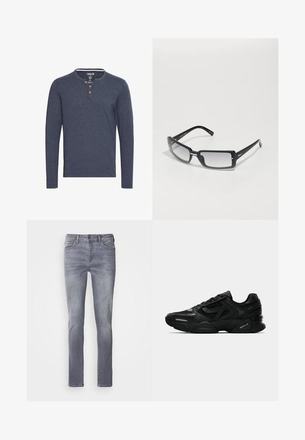 Solid SDVOLKO - Ilgarankovis viršutinės dalies drabužis - mottled blue; Šviesiai pilki džinsai su tiesiu kirpimu, turintys penkis kišenes, varinį mygtuką ir nežymų nusidėvėjimą ant kojų.; Juodi sportiniai sneakeriai su tekstūruota viršutine dalimi, atspindinčiomis detalėmis ir pagalvotu padu. Yra raišteliai ir prekės ženklas šone.; Juodų stačiakampių saulės akinių su gradientiniu lęšiu, turinčių storą rėmelį ir metalinius akcentus ant kojelių. Visoje apieje glotni tekstūra.