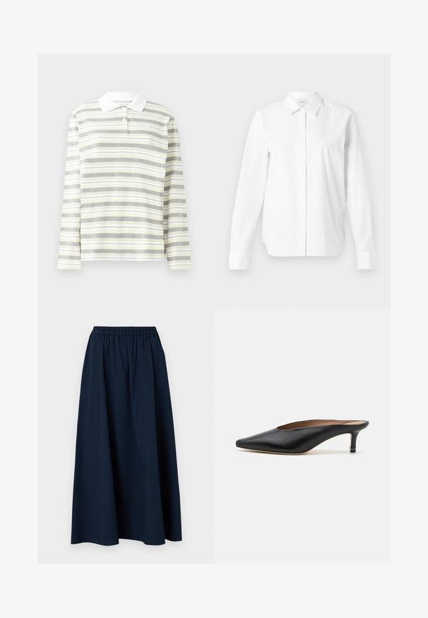 Polo à manches longues, en mélange de coton léger, présente des rayures verticales alternées en gris, jaune et blanc. Col blanc et trois boutons.; Chemise blanche à manches longues en coton. Présente un col classique, des manches longues et une coupe décontractée. Aucun motif ou accent visible.; Jupe longue bleu marine en tissu texturé, avec une taille élastique et de subtils rayures verticales.; Mules en cuir noir avec un bout pointu et un petit talon carré. Texture lisse avec un design épuré. Dos ouvert avec un minimum de détails.
