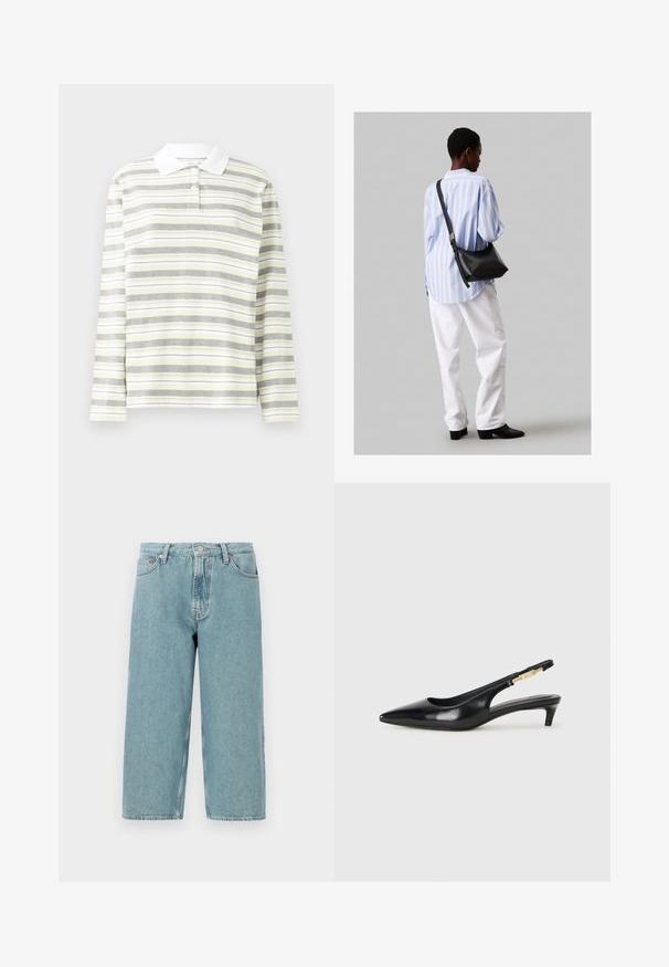 Long-sleeve polo shirt, lightweight cotton blend, features vertical alternating stripes in gray, yellow, and white. White collar and three buttons.; Light blue denim shorts with a high waist, straight cut, and raw hem. Features a classic button and zipper closure, four pockets.; Black leather slingback heels with a pointed toe, featuring a slim heel and a gold-tone accent on the adjustable strap. Smooth texture.; Black leather shoulder bag with a soft texture, triangular shape, and adjustable strap, paired with a light blue striped shirt and white pants.