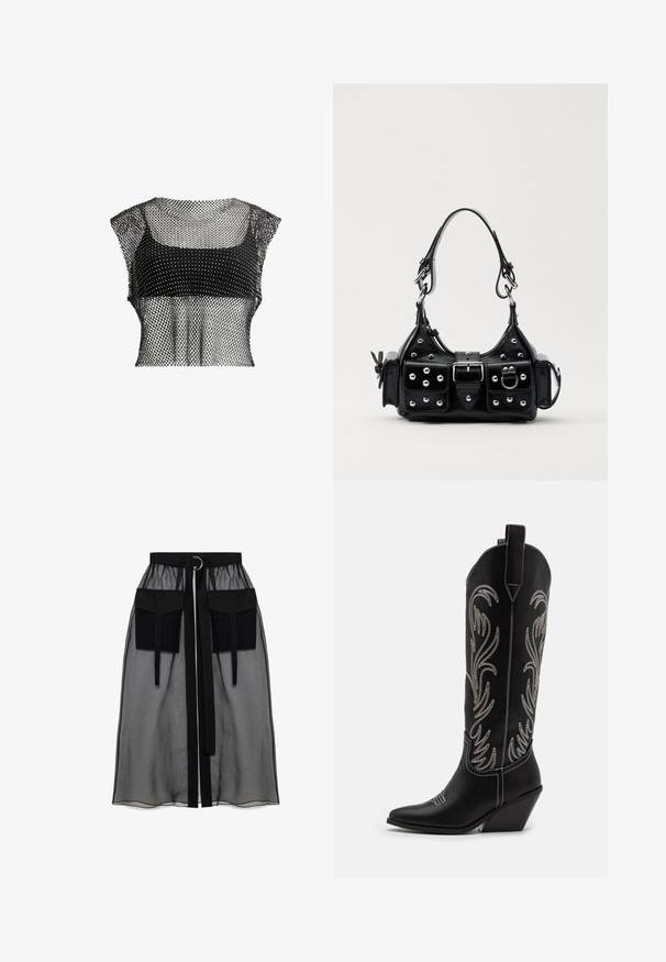 Crop top en maille noire avec un motif géométrique, présentant des manches courtes et un design texturé pour une apparence aérienne.; Jupe noire transparente avec une taille froncée, dotée de deux grandes poches avant, d'une ceinture à nouer et d'un accent en métal circulaire.; Bottes de cowboy noires en cuir avec des pointes effilées, des talons compensés et des motifs floraux brodés en argent le long du tige. Couture contrastante sur l'ensemble.; Sac à main en cuir noir au design courbé, avec des clous en argent, une boucle et deux poches latérales. Bandoulière réglable pour différentes options de transport.