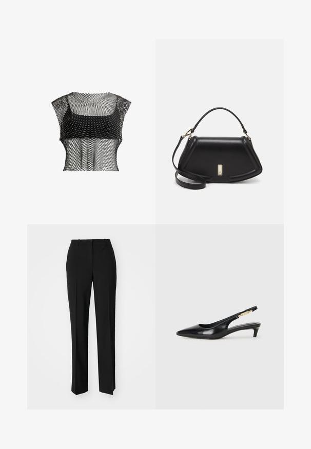 Cropped top in rete nera con un motivo geometrico, caratterizzato da maniche corte e un design testurizzato per un aspetto arioso.; Pantaloni neri su misura con un design a gamba dritta, caratterizzati da una texture liscia e pieghe ben definite sul davanti. Senza hardware visibile.; Tacchi slingback in pelle nera con punta affusolata, caratterizzati da un tacco alto e un accento dorato sulla cinghia regolabile. Texture liscia.; Borsa a mano in pelle nera con un design strutturato, caratterizzata da una forma corta, manico superiore e accessori in metallo dorato. Inclusa tracolla regolabile.