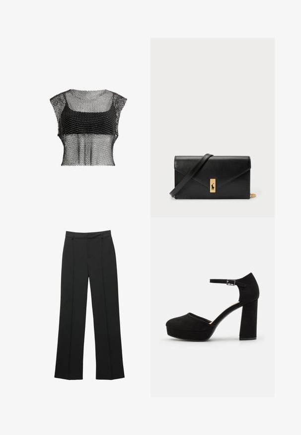 Schwarzes Netz-Crop-Top mit geometrischem Muster, kurzärmlig und mit strukturiertem Design für ein luftiges Erscheinungsbild.; Schwarze hochtaillierte weit geschnittene Hosen mit Gürtelschlaufen und einer vorderen Nahtdetails, auf einem weißen Hintergrund präsentiert.; Schwarze Wildleder-Plattformabsätze mit einem dicken Blockabsatz, runder Zehenpartie und einem Knöchelriemen, der mit einer Metallschnalle gesichert ist. Glatte Oberfläche über das gesamte Schuhwerk.; Schwarze Leder-Geldbörse mit Klappverschluss, goldfarbener Hardware und Logo-Akzent. Inklusive abnehmbarem Trageriemen.