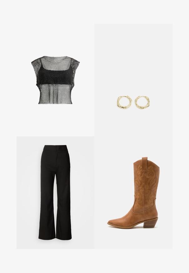 Black mesh crop top with a geometric pattern, featuring short sleeves and a textured design for an airy appearance.; Black wide-leg trousers with a smooth texture, high waist, and a clean design. No visible pockets or embellishments.; Tan leather cowboy boot with pointed toe, embroidered swirl patterns on shaft, and a stacked block heel. Features a pull tab for easy wear.; Gold hoop earrings with a textured, irregular shape. Features a seamless closure and a polished surface finish, emphasizing a modern design.