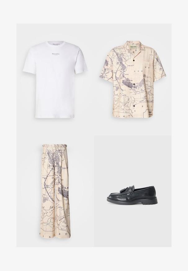 Bílá tričko s krátkým rukávem vyrobené z bavlny s kulatým výstřihem. Na hrudi se nachází černé logo "Marc O'Polo". Hladká textilie, minimalistický design.; Košile s krátkým rukávem ve světle béžovém materiálu s potiskem mapy v námořnické modři, se klasickým límcem a přední kapsou.; Kalhoty s širokými nohavicemi s potiskem mapy v námořnické modři na béžovém pozadí, s sklady v pase a uvolněným střihem.; Černé kožené mokasíny s kulatou špičkou, páskem se třásněmi a robustní podrážkou s vzorováním. Hladká textura a klasický design.