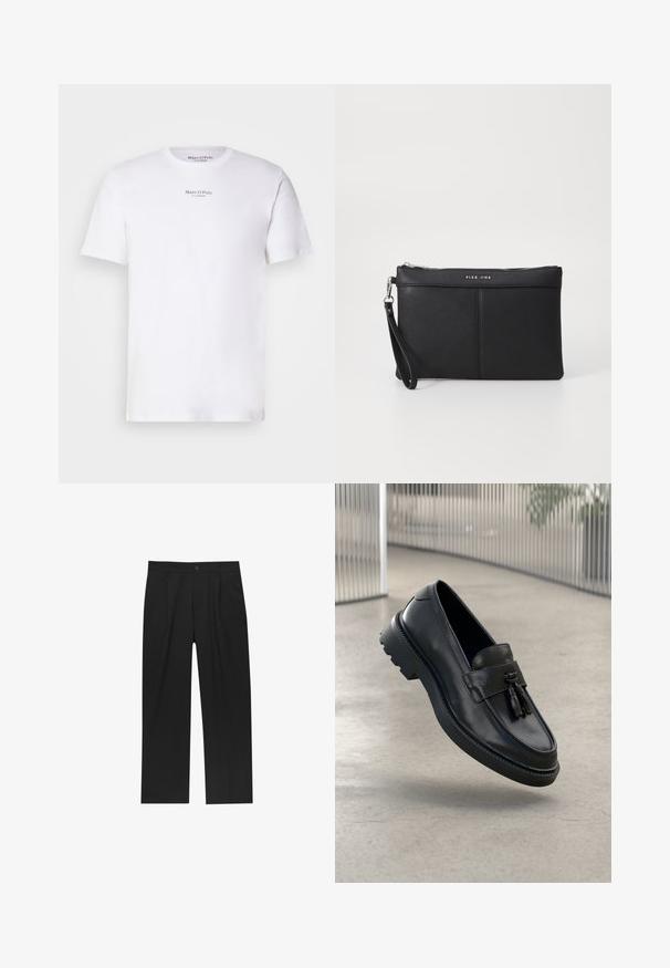 Hvid kortærmet t-shirt lavet af bomuld med rund hals. Fås med "Marc O'Polo" logo i sort på brystet. Glat tekstur, minimalistisk design.; Sorte bukser med lige ben, lavet af et glat stof. Har frontfolder og en enkelt knaplukning i taljen.; Sorte læderloafer med glat finish, dekorativ kvast, tyk gummisål og syede detaljer. Let og elegant design.; Sort syntetisk clutch med lynlåslukning, håndledsrem og en glat overflade. Har diskret syninger og et præg af logoet på fronten.