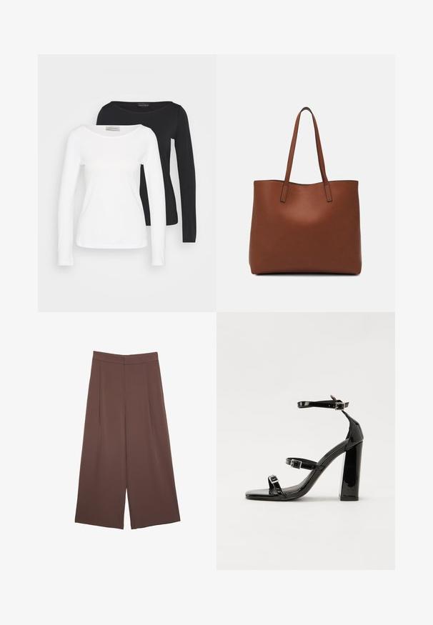 Kaksi pitkähihasta crewneck-paitaa, yksi valkoinen ja yksi musta, päällekkäin niin, että valkoinen paita on edessä, yksivärisellä taustalla.; Ruskeat leveälahkeiset housut, joissa on sileä pinta, korkea vyötärö ja etupleat. Kangas on kevyttä ja laskeutuu väljänä.; Musta kiiltävä korkokenkä sandaalit neliönmuotoisella varpaalla, nilkkaremmillä ja hopeisilla soljilla. Varustettu tukevalla lohkokorkealla vakauden takaamiseksi.; Ruskea nahkainen olkalaukku, jossa on sileä pinta, avoin yläosa ja kaksi olkahihnaa. Omaavat vain minimaalisen ompelun eikä näkyvää metalliosaa.