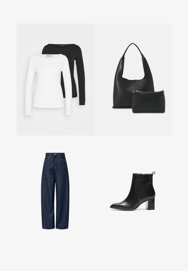 Due magliette a maniche lunghe, una bianca e una nera, sovrapposte con la maglietta bianca davanti su uno sfondo semplice.; Pantaloni in denim a gamba larga di colore blu scuro con vita regolabile, cuciture a contrasto e due tasche anteriori. Tessuto liscio, vestibilità comoda.; Stivale alla caviglia in pelle nera con punta arrotondata, tacco largo di media altezza e linguetta sul retro. Texture liscia, design minimale.; Even&Odd Borsa a mano - black