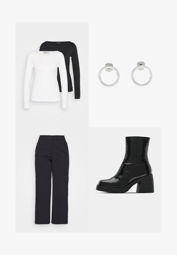 To lange langærmede crewneck trøjer, en hvid og en sort, lagret med den hvide trøje foran på en ensfarvet baggrund.; Sorte vide benbukser lavet af glat stof, med knaplukning og et rent, skræddersyet design uden synlige lommer.; Sorte ankelstøvler med en blank finish, firkantet tå og en tyk blokhæl. Designet har en strømlinet silhuet og minimal branding.; Sølvmetalløreringe med en børstet tekstur, der har et cirkulært design og en klar post til sikker bæring.