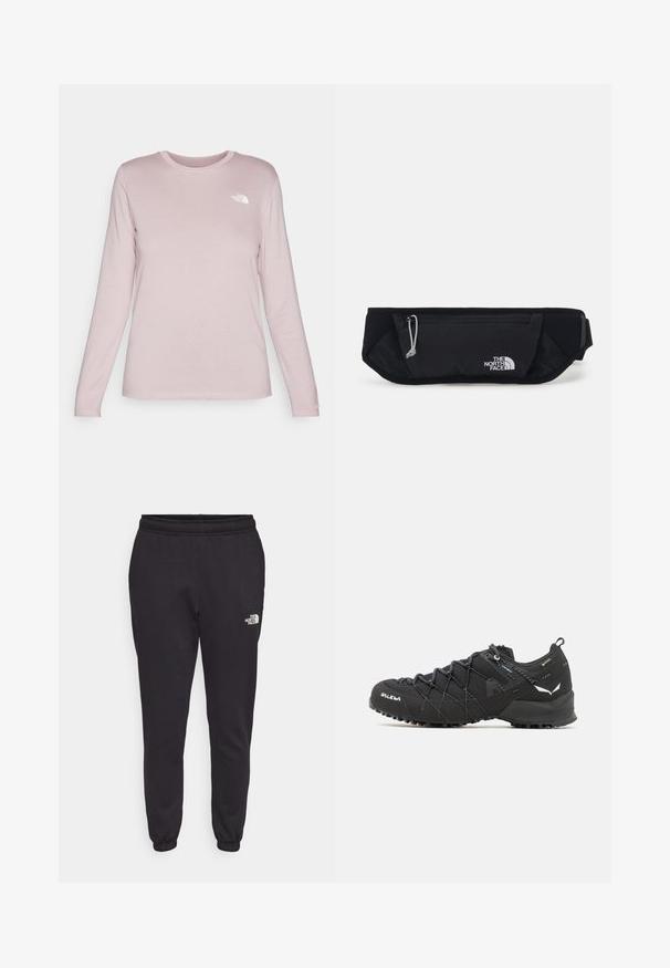 Langärmliges Shirt aus weichem, pinkem Stoff mit rundem Halsausschnitt, das ein weißes Logo auf der linken Brust und eng anliegende Ärmel aufweist.; Schwarze Jogginghosen aus weichem Baumwollmix. Sie verfügen über einen elastischen Bund, ein schmal zulaufendes Bein-Design und ein kleines weißes Logo auf der unteren rechten Seite.; Schwarze Wanderschuhe mit einem strukturierten Obermaterial aus Stoff, Schnürsystem und robuster Gummisohle. Akzentuiert mit reflektierenden Details und Logos.; The North Face SUNRISER RUN BELT UNISEX - Gürteltasche - black/white