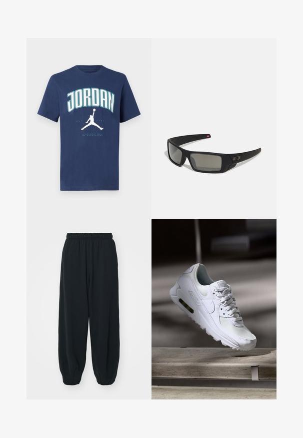 Tamsiai mėlynos spalvos medvilninė marškinėliai su dideliu baltu ir turkio spalvos "JORDAN" užrašu ir centriniu juodu krepšinio silueto logotipu. Trumpomis rankovėmis.; Juodi, su elastiniu juosmeniu sportiniai kelnės su laisvu siluetu, suapvalintais kulkšnimis, lygia tekstūra ir be matomų raštų ar metalinių akcentų.; Baltos Nike Air Max 90 sportbačiai su.comi ir odos viršumi, perforuota pirštų dėžute ir matomu oro pagalvėle kulne.; Juodi akiniai saulės su matinio paviršiaus užbaigimu, stačiakampiai lęšiai, švelnus lenkimas ant šventyklų, subtilus logotipo detalizavimas ir dūminiai lęšiai.