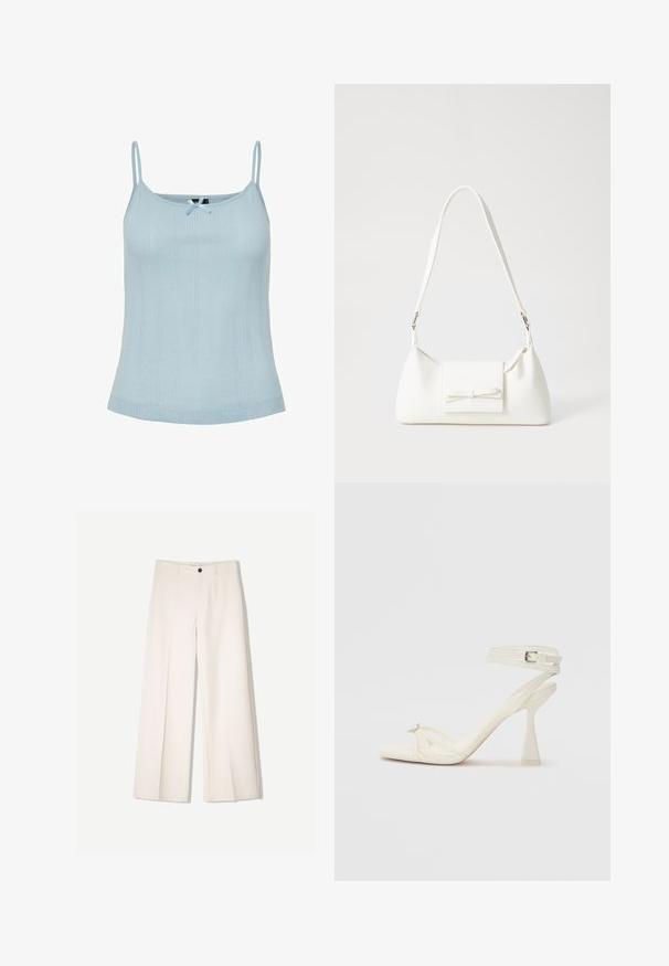 Jasnoniebieski dzianinowy top na ramiączkach z cienkimi paskami, z małym detalem w postaci kokardy przy dekolcie oraz teksturowanym pionowym wzorem w paski.; Kremowe spodnie szerokie z dopasowanym krojem, z dwoma przednimi kieszeniami i pojedynczym zapięciem na guzik z przodu, wykonane z gładkiego materiału.; Białe skórzane sandały na wysokim obcasie z paskami, o smukłym wyglądzie, z przezroczystym słupkiem i ozdobnym elementem na palcach.; Biała syntetyczna torba o trójkątnym kształcie, płaskim przednim klapce i detalach w postaci kokardy, regulowanym pasku, gładkiej fakturze oraz minimalistycznym designie.