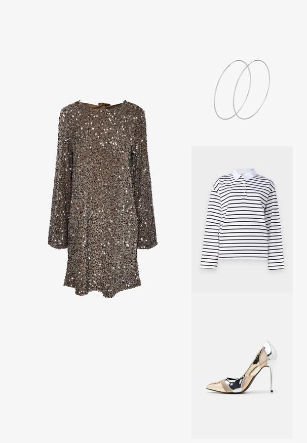 Hvid langærmet polo t-shirt med horisontale sorte striber, klassisk krave og to knapstolper. Glat bomuldsstof.; Langærmet kjole med en brun stof dækket af sølvfarvede palietter, med rund halsudskæring og en sløjfedetail på ryggen. Reflekterende og struktureret overflade.; Spidse højhælede sko med et farveskema i sølv, guld og nude. Blank finish med udskæringsdesign, der har en stilletto hæl.; Sølvmetallic pose med en blød, rund form og en knyttet lukning foroven. Fremstillet af glat faux lædermateriale.; Sølvøreringe med et minimalistisk design. Cirkulær form, glat tekstur og tynd profil. Letvægtige med en poleret overflade.