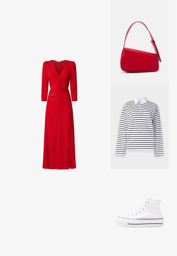 Polo a maniche lunghe bianca con righe orizzontali nere, colletto classico e patta con due bottoni. Materiale in cotone liscio.; Vestito rosso con scollatura a V, maniche a tre quarti e dettagli arricciati in vita e sul retro. Il tessuto appare liscio e leggero.; Sneaker alta in tela bianca con suola in gomma nera, punta in gomma frontale e sei asole per i lacci, caratterizzata da un design pulito e minimalista.; Borsa a tracolla in pelle rossa con un design angolare e geometrico. Presenta una singola tracolla regolabile e una chiusura a patta con dettagli cuciti.