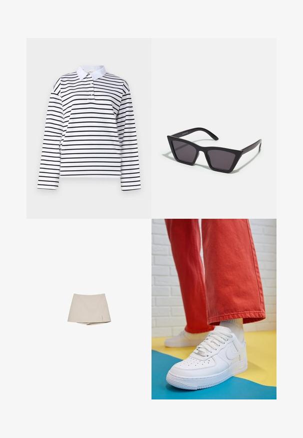 Chemise polo à manches longues blanches avec des rayures horizontales noires, un col classique et un plastron à deux boutons. Tissu en coton lisse.; Jupe-culotte beige pour femmes avec une légère fente avant et un short intégré en dessous, présentée sur un fond blanc.; Baskets blanches en cuir avec une boîte à orteils perforée, semelle texturée et lacets blancs, associées à un large pantalon rouge et un fond bleu et jaune.; Lunettes noires angulaires avec des verres gris ; fabriquées en plastique, avec des branches épaisses à la surface lisse et sans matériel visible.; Boucles d'oreilles en or avec une finition lisse et brillante. Design circulaire présentant un petit clou et une attache transparente pour un port sécurisé.