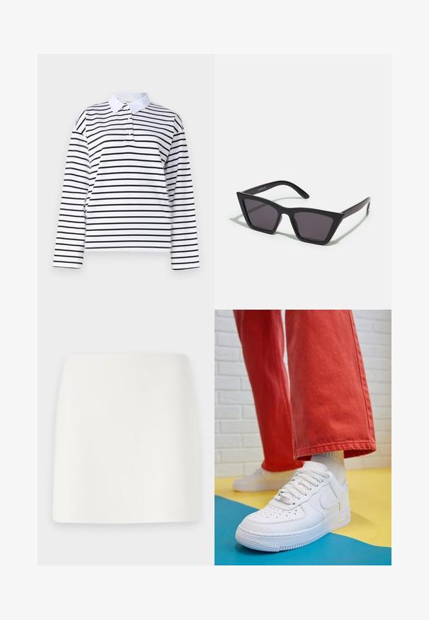 Balta ilga rankovė polo marškinėliai su horizontaliais juodais dryžiais, klasikine apykakle ir dviem mygtukais. Lygus medvilnės audinys.; Balta, prigludusi mini sijonas su lygiu paviršiumi ir švariomis linijomis. Be matomų raštų ar detalių. Tiesus kraštas apačioje.; Baltos odinės kedų sportbačiai su perforuotu pirštu, tekstūruota pado dalimi ir baltais raišteliais, derinami su plačiomis raudonomis kelnėmis ir mėlynos bei geltonos spalvų fono kompozicija.; Juodos, kampuotos saulės akinios su pilkais stiklais; pagaminti iš plastiko, su storomis šakėmis, turinčiomis lygų paviršių ir be matomų detalių.; Aukso auskarai su lygiu, blizgiu paviršiumi. Apvalus dizainas su maža užrakto dalimi ir skaidria atrama saugiam nešiojimui.