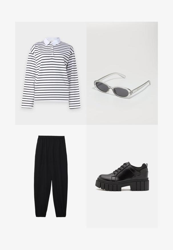 Bela polo majica z dolgimi rokavi, ki ima horizontalne črne črte, klasični ovratnik in zapenjanje na dva gumba. Gladek bombažen material.; Črne, lahke hlače z elastičnim pasom in nabranimi gležnji. Tkanina je gladka in ima sproščen, taperiran dizajn.; Črne usnjene platforme z debelim blokastim petam, okroglo konico in klasičnim vezanjem. Imajo gladko teksturo in minimalne podrobnosti.; Sončna očala ovalne oblike, prozoren plastičen okvir, temno sivi leči in tanke prozorne roke z logotipnimi akcenti in minimalnimi detajli.