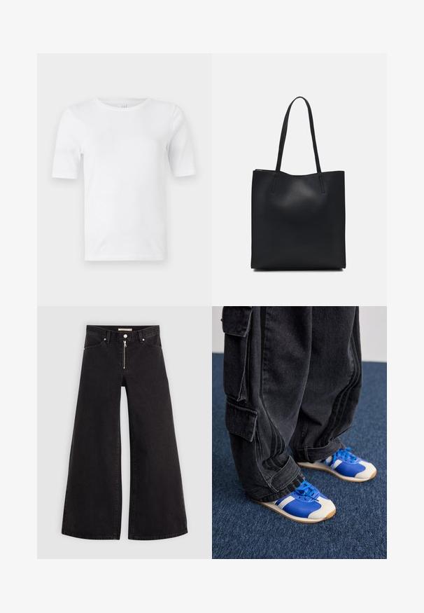 Camiseta de algodón blanca con cuello redondo y mangas cortas. Textura suave, corte regular. Sin patrones ni acentos visibles.; Jeans de pierna ancha en denim negro con cierre frontal, diseño de cinco bolsillos y detalles de costura sutiles. Textura suave y estilo casual.; Persona vistiendo pantalones cargo negros holgados y zapatillas azules y blancas, de pie sobre una moqueta azul oscura.; Bolso tote de cuero negro con textura lisa, forma rectangular y dos asas largas. Sin herrajes ni adornos visibles.