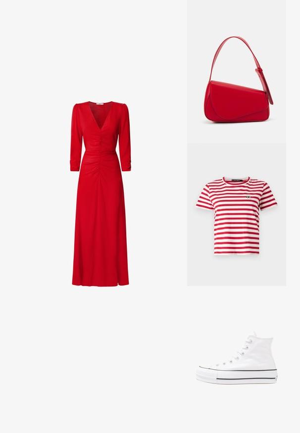 Piros-fehér csíkos, rövid ujjú póló, kerek nyakkivágással; bal mellen egy kis hímzett mintával rendelkezik.; Piros ruha V kivágással, háromnegyedes ujjakkal és gyűrt részletekkel a derékrészen és a háton. Az anyag simának és könnyűnek tűnik.; Fehér magaskorsó vászon sportcipő fekete gumi talppal, elülső gumi orrnyereggel és hat fűzőlyukkal, letisztult, minimalista dizájnnal.; Piros bőr kézitáska szögletes, geometrikus kialakítással. Egy állítható pánttal és varrott részletekkel ellátott fedélzárral rendelkezik.