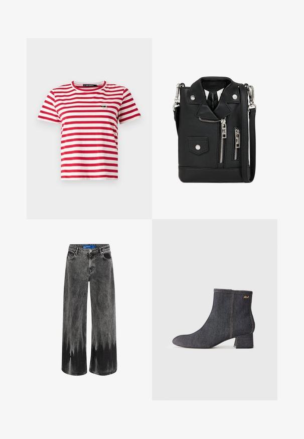 Rød og hvit stripet kortermet t-skjorte med rund hals; har et lite brodert design på venstre bryst.; Vide jeans i falmet svart denim, med en dip-dye effekt, stålmaskinvare og et klassisk fem-lomme design med en standard midjebånd.; Mørke denim ankelstøvletter med spiss tå, blokkhæl, synlig søm og en subtil merkevarelogo på siden. Glatt tekstur.; Svart faux skinn crossover-bag, designet som en motorsykkeljakke. Har glidelåser, trykknapper og en skulderstropp. Kompakt med et edgy utseende.