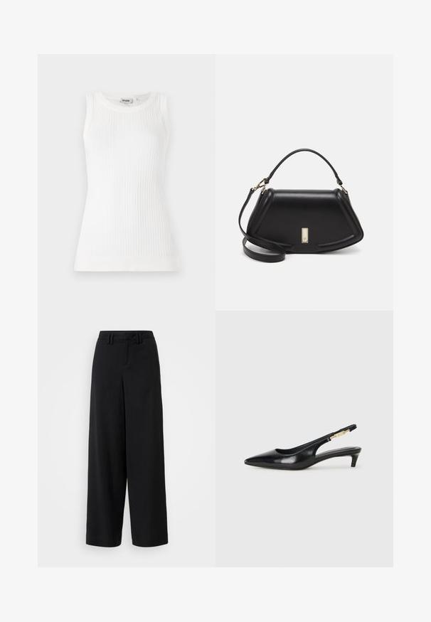 White ribbed sleeveless top with a round neckline and fitted design, made from a lightweight fabric. Clean, smooth texture throughout.; Black wide-leg trousers made of smooth fabric, featuring a flat-front design, pleated details, and belt loops at the waistband.; Black leather slingback heels with a pointed toe, featuring a slim heel and a gold-tone accent on the adjustable strap. Smooth texture.; Black leather handbag with a structured design, featuring a cropped shape, top handle, and gold hardware accent. Adjustable shoulder strap included.