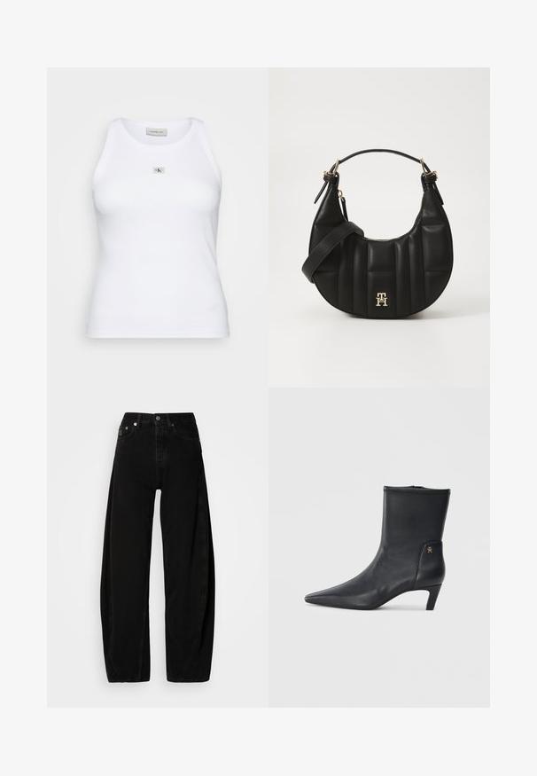 Hvit bomullstopp med ribbet tekstur, med et lite sølvlogo-aksent i midten. Rund halslinning og ermeless design.; Svarte denimbukser med bred benvidde og høy midje, med knappestolpe, fem lommer og minimale sømdetaljer.; Sorte skinnankle støvler med spiss tå og lav hæl. Har en glatt tekstur og en liten gulllogo detalj på siden.; Svart skinnhåndveske med en buet form, kviltet tekstur og gullhardware. Har en avtagbar skulderrem og logo-detaljer.