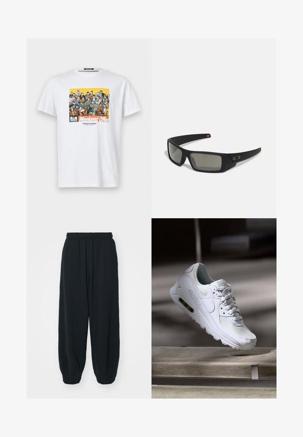 Balts kokvilnas T-krekls ar krāsainu grafiku, kas attēlo vairākus varoņus. Teksta pārklājums lasāms "Nedēļas piedāvājums" izcili oranžā krāsā.; Melnas sporta bikses ar elastīgu jostasvietu, brīvu piegriezumu, aprocēm ap potītēm, gludu tekstūru, un bez redzamām rakstu vai aparatūras akcentiem.; Baltas Nike Air Max 90 sporta apavi ar sietu un ādas augšdaļu, caurspīdīgu pirksta daļu un redzamu gaisa vienību papēdī.; Melni saulesbrilles ar matētu apdari, taisnstūra lēcām, nedaudz izliektiem tempļiem, smalkiem logotipa elementiem un dūmu nokrāsas lēcām.
