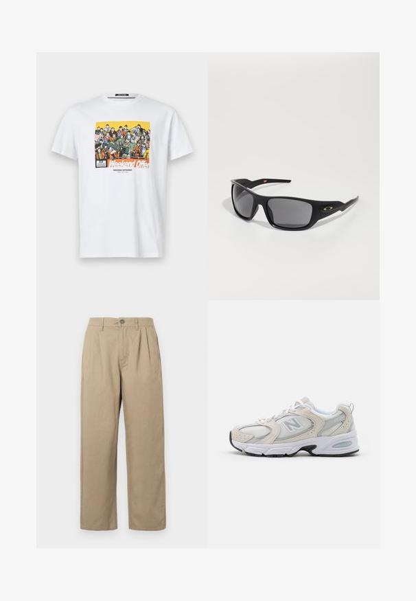 White cotton t-shirt featuring a colorful graphic print with multiple characters. Text overlay reads "Weekend Offer" in bold orange.; Beige high-waist trousers with pleats, belt loops, button closure, and straight legs on a white background.; Athletic shoe featuring a light gray mesh upper with suede accents, white laces, and a black rubber sole. Notable ABZORB cushioning detail.; Black sunglasses with a rectangular shape, made of durable plastic, featuring gray tinted lenses and a gold accent on the side.