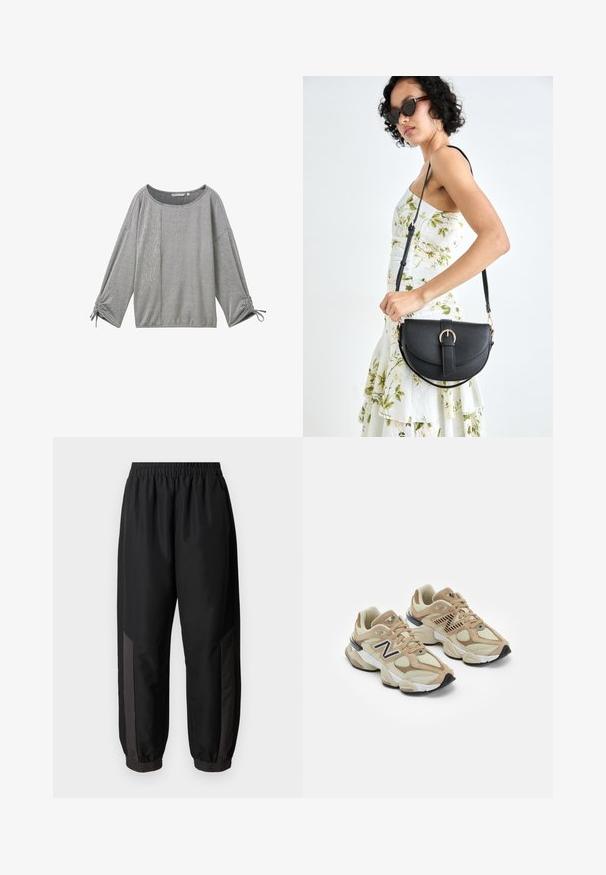 Harmaa raidallinen pitkähihainen paita, jossa on leveä pääntie, teksturoitu kangas ja rypytetty yksityiskohta hihansuissa. Sisältää yhdistelmän pystysuoria ja vaakasuoria raitoja.; Mustat urheiluhaalarit, jotka on valmistettu sileästä, kevyestä kankaasta. Ominaisuuksiin kuuluu joustava vyötärönauha, istuvat hihnat ja tummanharmaat sivupaneelit, joissa on logo.; Beige lenkkarit, joissa on verkko- ja mokkanahkamateriaaleja. Varustettu mustalla logolla ja teksturoiduilla yksityiskohdilla. Paksu valkoinen välikeen ja musta kumipohja.; Musta nahkainen käsilaukku, joka on kaareva muotoilultaan, irrotettavalla hihnalla ja kultaisilla yksityiskohdilla. Laukussa on läppä, jossa on solk yksityiskohta.