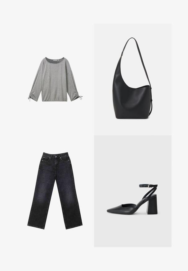 Grau gestreifte Langarmbluse mit weitem Ausschnitt, strukturiertem Stoff und gerafften Details an den Manschetten. Sie hat eine Mischung aus vertikalen und horizontalen Streifen.; Hoch taillierte schwarze Jeans aus Denim mit weitem Bein, Fünf-Taschen-Design und sichtbaren Nähten. Der Stoff hat eine glatte, leicht strukturierte Oberfläche.; Schwarze Leder-Pumps mit spitzer Zehe, einem Knöchelriemen und einem blockigen Absatz. Flache Textur, elegantes Design und minimalistische Ästhetik.; Schwarze Leder-Hobo-Tasche mit einer glatten Textur, geschwungener Form und einem einzelnen verstellbaren Tragegurt; verfügt über eine weite Öffnung am oberen Ende.