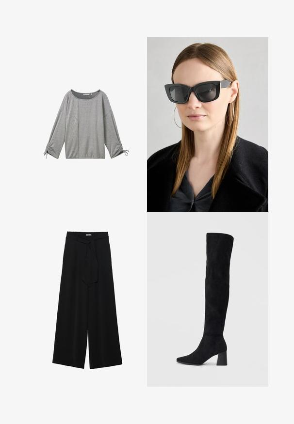 Camisola de mangas longas cinza às riscas, com um decote largo, tecido texturizado e pormenores franzidos nos punhos. Apresenta uma mistura de riscas verticais e horizontais.; Calças largas pretas com um tecido texturizado, uma cintura elástica e um laço destacável na cintura para um ajuste ajustável.; Bota de camurça preta até ao joelho com salto bloco, bico fino e design suave e sem costuras sobre um fundo claro.; Óculos de sol pretos em formato de gato com lentes escuras, armações grossas e acentos subtis. Usados com um casaco preto e uma blusa cinza, apresentando cabelo longo e liso.