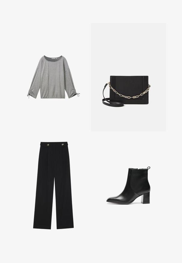 Bluză lungă cu mâneci, de culoare gri cu dungi, cu decolteu larg, dintr-un material texturat și detalii fronsate la manșete. Prezintă un amestec de dungi verticale și orizontale.; Pantaloni negri cu picioare largi, talie înaltă, detalii cu butoane pe talie și pliseuri în față.; Bocanc negru din piele până la gleznă, cu vârful rotunjit, toc bloc de înălțime medie și o bucată de prindere în spate. Textură netedă, design minimalist.; Geantă de umăr din piele neagră, cu o textură netedă, formă rectangulară și un detaliu din lanț metalic în față. Include curea reglabilă.