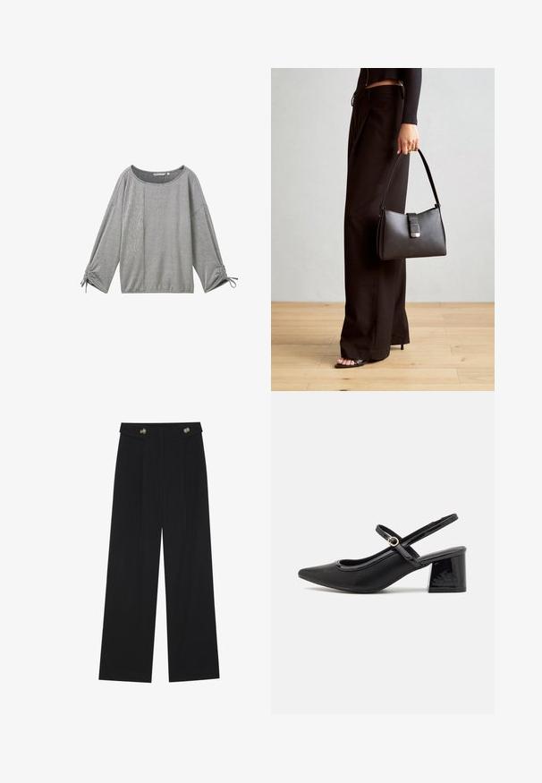 Pelēka svītrainā tunika ar garām piedurknēm un plašu izgriezumu, strukturēta auduma, ar savilktiem detaļām pie piedurkņu galiem. Iezīmē vertikālu un horizontālu svītru kombināciju.; Melnas platās bikses ar augstu jostasvietu, pogu detaļām uz jostas un priekšējām krokām.; Melns patentēts ādas sandales ar norādīta pirksta formu, noapaļotu izgriezuma dizainu un bloķētu papēdi. Iezīmēta ar zelta toņa sprādzi.; Melnā somiņa ar strukturētu formu, gludu tekstūru un metālu sprādzi. Saskaņota ar platām melnām biksēm un sandālēm ar atvērtu purngalu uz koka grīdas.