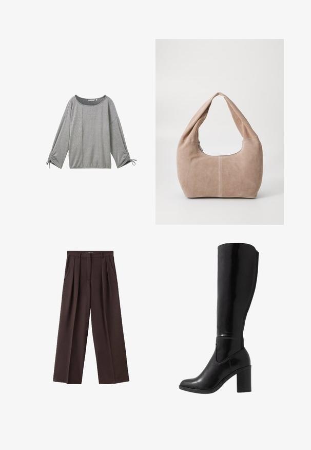 Šedý pruhovaný dlouhý rukáv s širokým výstřihem, texturovaná tkanina a nařasené detaily na manžetách. Obsahuje mix vertikálních a horizontálních pruhů.; Hnědé kalhoty s širokými nohavicemi vyrobené z texturované látky, s předními sklady, bočními kapsami a klasickým designem pasu.; Černé lesklé vysoké kozačky na podpatku do poloviny lýtek s kulatou špičkou, hladkým povrchem, bočním výřezem a robustním sloupkovým podpatkem.; Hobo taška vyrobená z měkkého semišového materiálu v světle béžové barvě. Má zaoblený tvar, široký popruh a zipové uzavření.