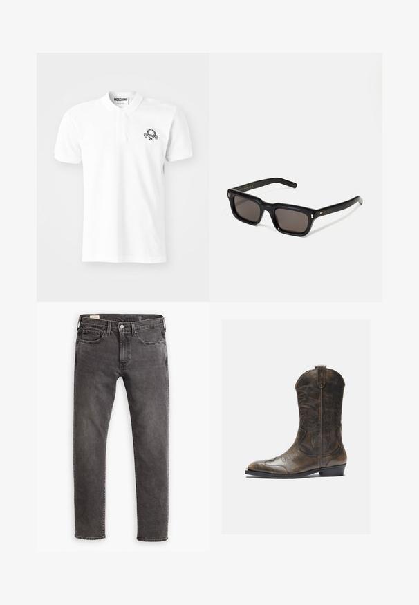 Fehér pamut póló, bal mellején fekete hímzett mintával. Klasszikus gallér és gombos kivitel.; Szürke farmernadrág egyenes szabással, öt zsebbel és gombos zárással. Finom fakulás és tónusos varrás jellemzi.; Barna bőr cowboy csizma magas szárral, hegyes orral, bonyolult varrási mintákkal és kis sarokkal. Az egész felületén texturált befejezés.; Fekete téglalap alakú napszemüveg sötét lencsékkel, vastag műanyag keret, arany díszítések a szárakon, és a márka logója gravírozva a szára.