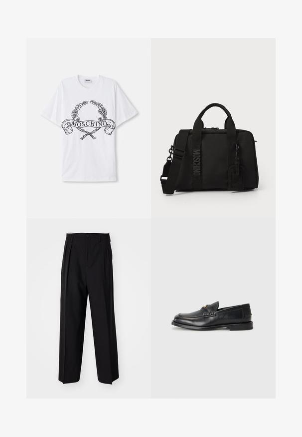 Bílá bavlněná tričko s černým grafickým designem, na kterém je vavřínový věnec a slovo "MOSCHINO" na stuze uprostřed.; Černé skládací kalhoty s rovnými, širokými nohavicemi. Vyrobené z hladké tkaniny, se zapínáním na knoflík a poutky na opasek.; Černé kožené loafers mají zaoblenou špičku, šité detaily a malý zlatý akcent na přední straně. Podešev je plochá a nenápadná.; Černá textilní taška s dvojitými uchy a odnímatelným popruhem na rameno. Disponuje embosovaným logem a koženou visačkou. Hladká textura, obdélníkový tvar.