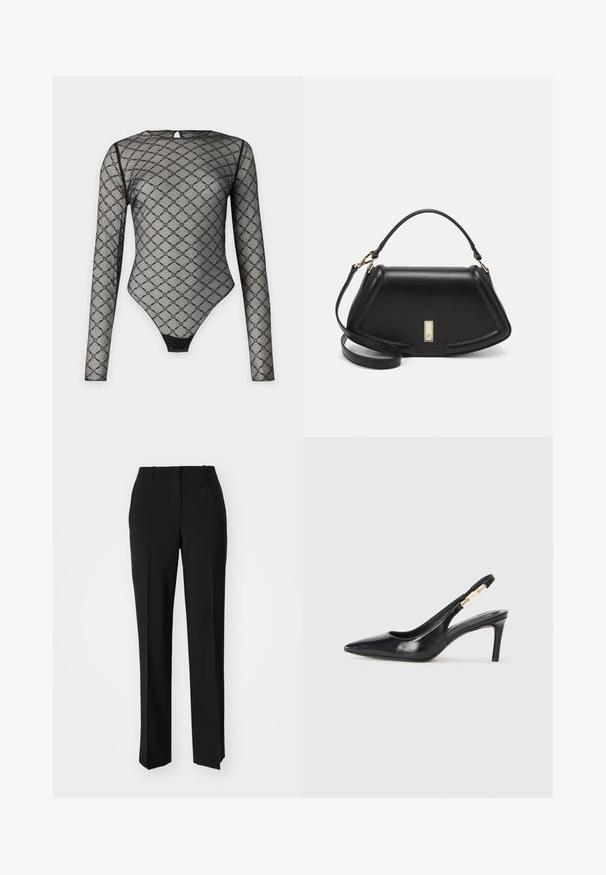 Μαύρο μακρυμάνικο κορμάκι από διάφανη μισή ύφασμα με σχέδιο διαμαντιού. Διαθέτει κλειδαριά στην πλάτη και επενδεδυμένο κλείσιμο στο κάτω μέρος.; Μαύρο παντελόνι με ραφή που έχει σχεδιασμό ίσιας γραμμής, διαθέτει λεία υφή και καθαρές πτυχώσεις κατά μήκος της μπροστινής πλευράς. Χωρίς ορατό μεταλλικό υλικό.; Μαύρο δερμάτινο παπούτσι με τακούνι, slingback, με μυτερή μύτη, ομαλή υφή και στενή ιμάντα στον αστράγαλο με χρυσές λεπτομέρειες.; Μαύρη δερμάτινη τσάντα με δομημένο σχέδιο, που διαθέτει κομμένο σχήμα, επάνω λαβή και χρυσά μεταλλικά στοιχεία. Περιλαμβάνει ρυθμιζόμενο λουρί ώμου.
