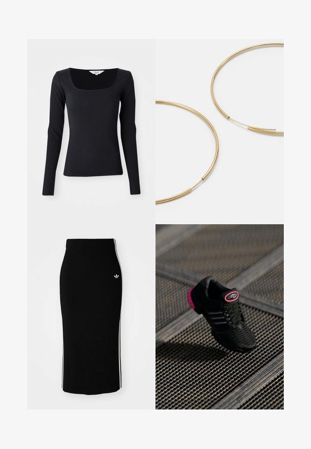 Crna majica dugih rukava s rebrastom teksturom i kvadratnim izrezom, izrađena od rastezljivog materijala, prilagođenog kroja i jedinstvene boje bez uzoraka ili ukrasa.; Crna rebrasta midi suknja s prilagođenim dizajnom, koja ima bijele bočne pruge i mali bijeli grb s lijeve strane.; Crne atletske cipele s mrežastim gornjim dijelom, ružičastim detaljima i crnim prugama. Imaju teksturirani potplat i oznaku s logotipom na peti.; Zlatne kružne naušnice, tanke i okrugle, s glatkom metalnom površinom bez ukrasa ili uzoraka.